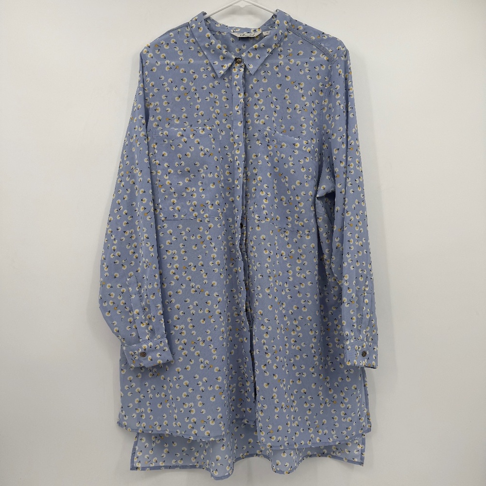 Caffe Marrakesh Top Women 2X Blue Floral Long Sleeve Sheer Button Up Prairie
